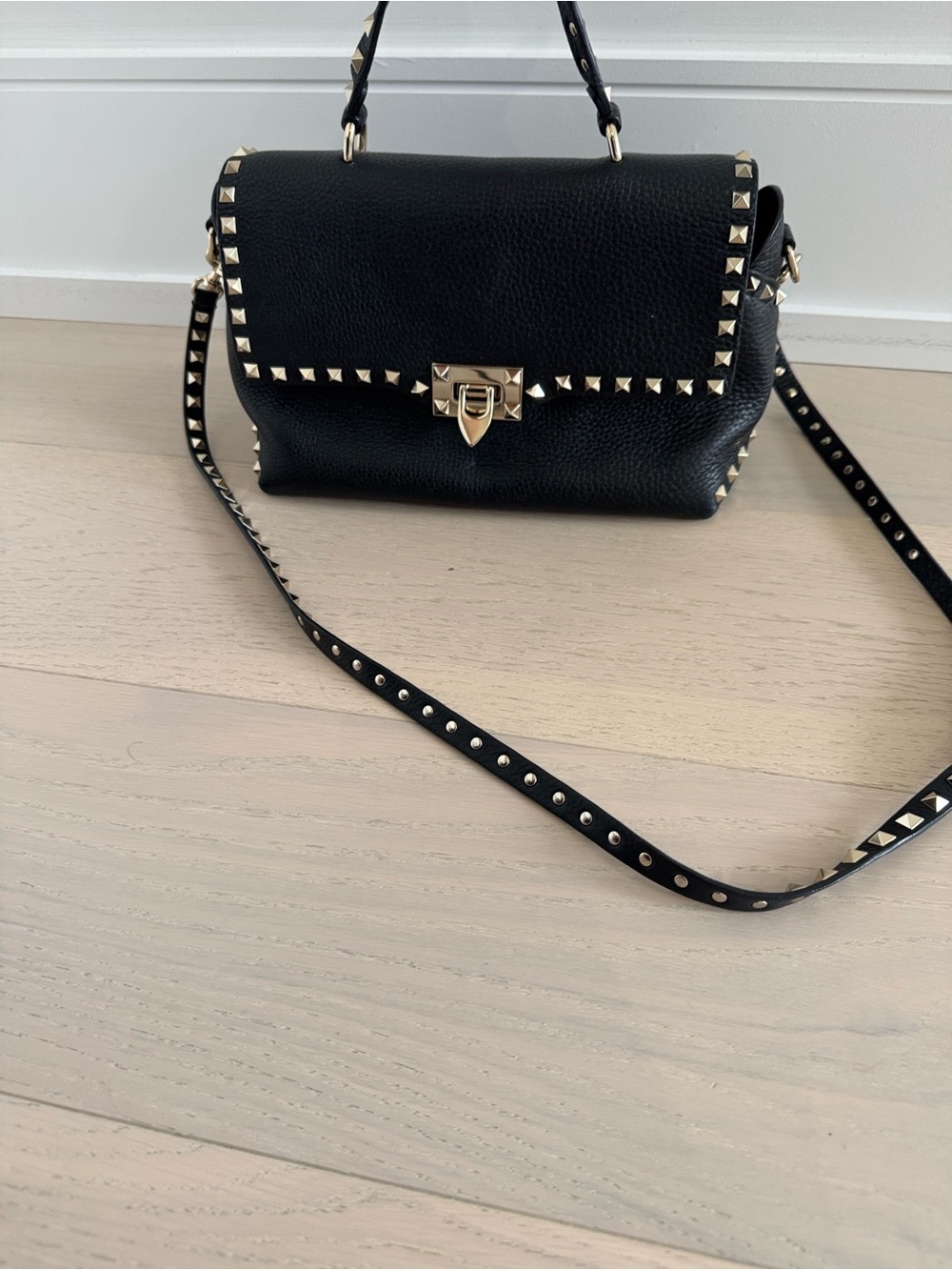 Valentino Black Leather Stud-Trim Satchel with Gold Hardware